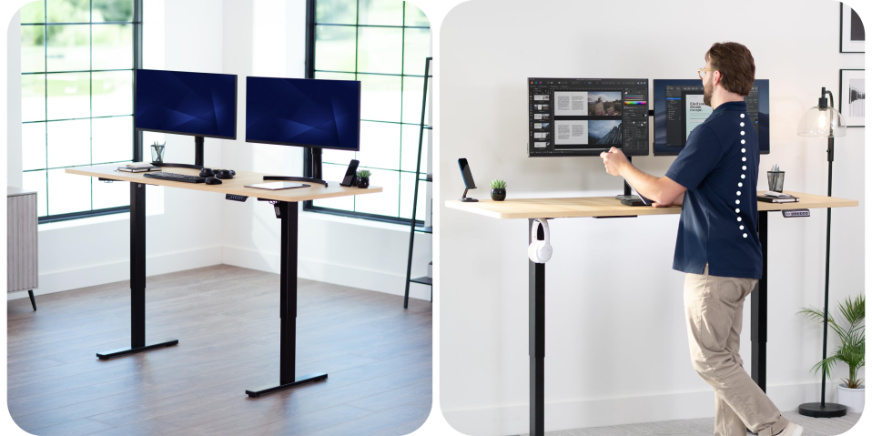 A man sitting at a desk with two monitors