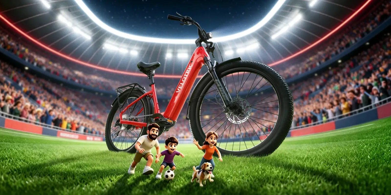 A red bicycle with a couple of cartoon characters and a dog in front of a stadium