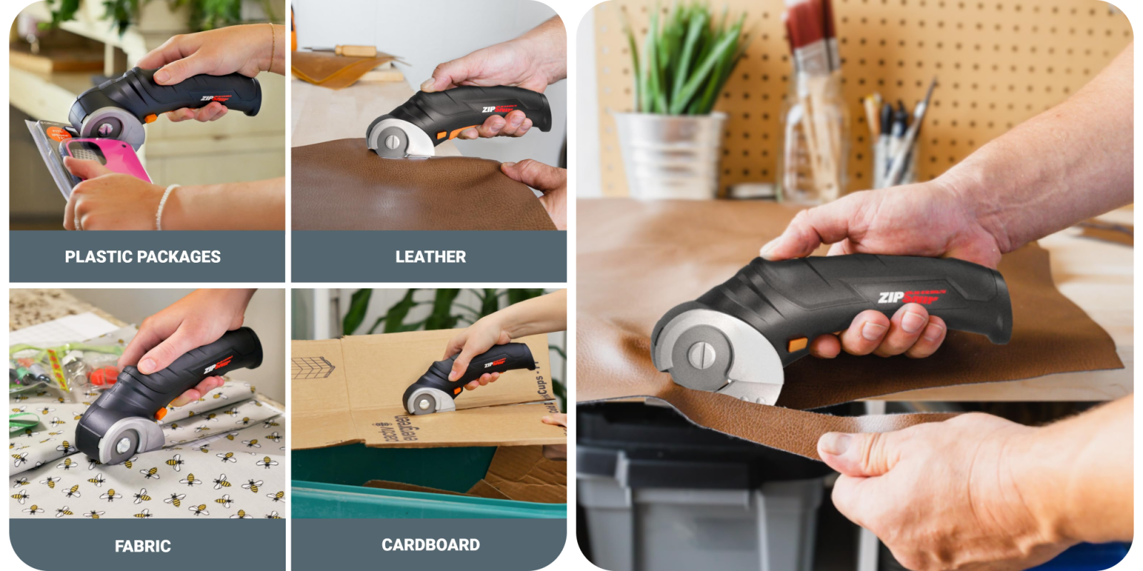 A collage of hands using a circular saw