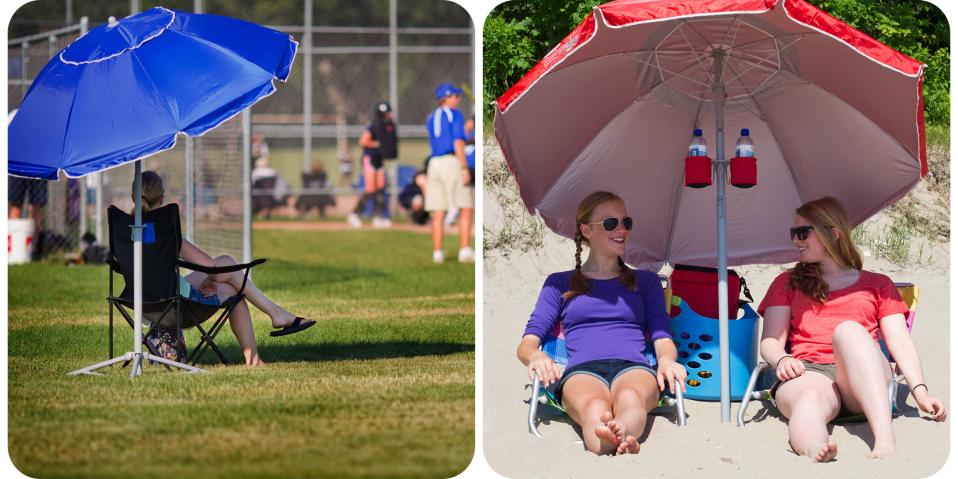 A woman sitting under an umbrella