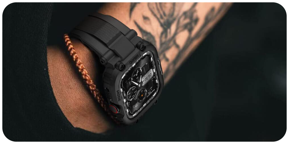 A wrist with a black watch on it