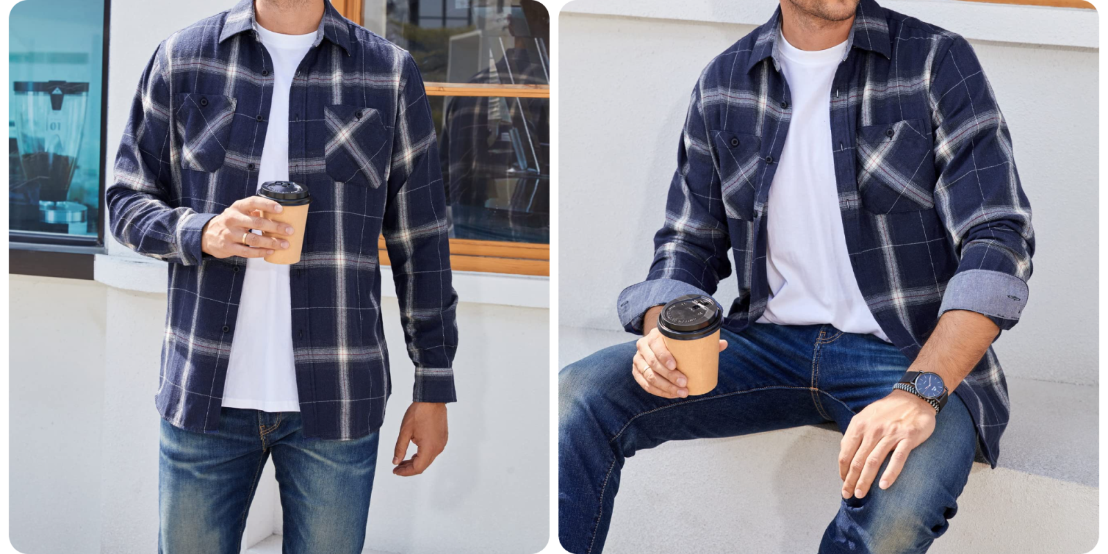 A collage of a man holding a coffee cup