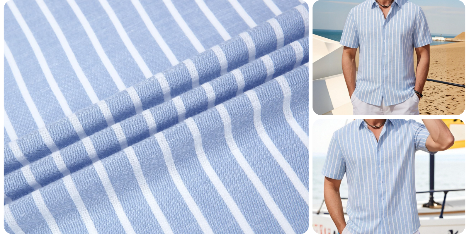 A man wearing a blue and white striped shirt
