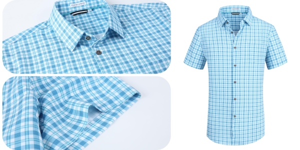 A collage of a blue and white plaid shirt