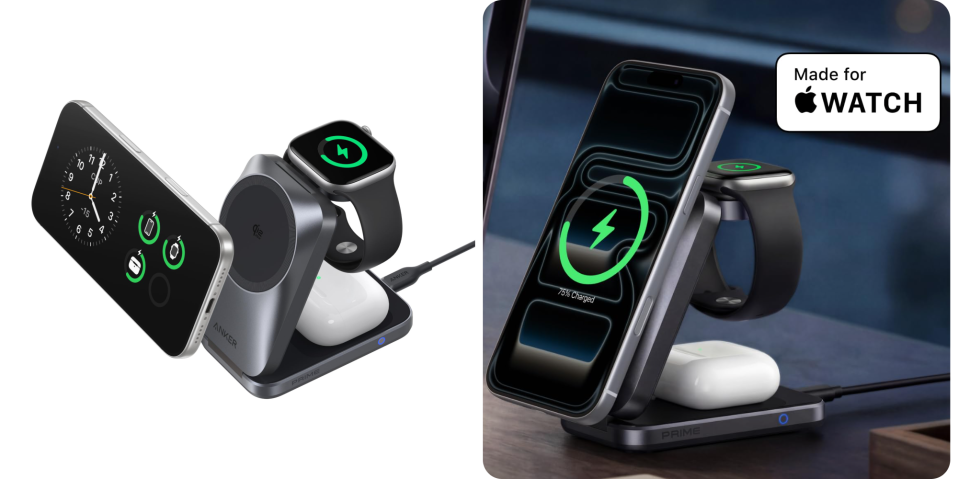 A smart watch and a phone on a wireless charger