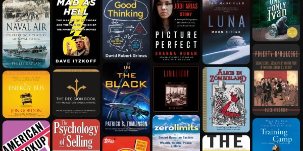 A group of books with text