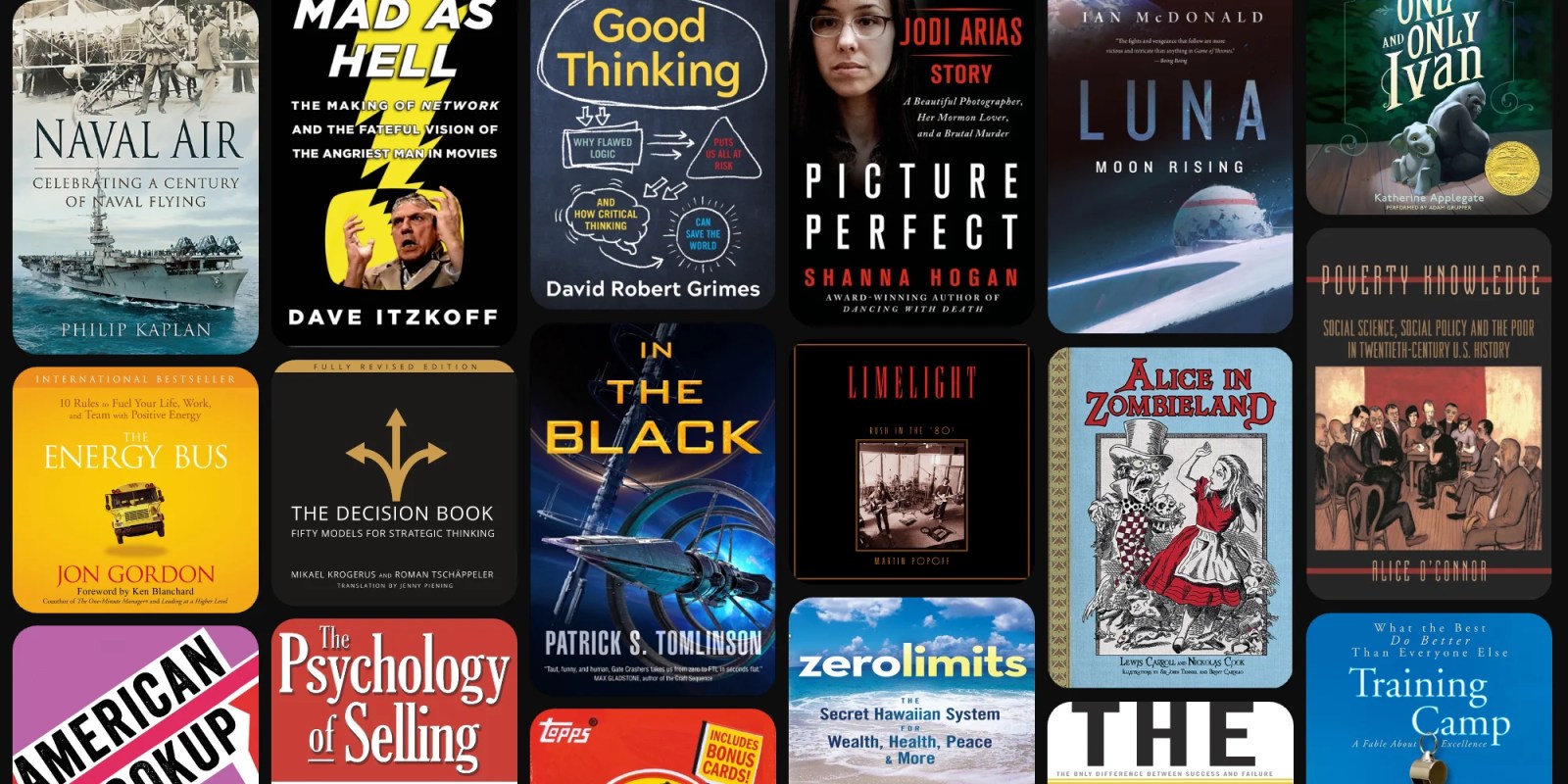 A group of books with text