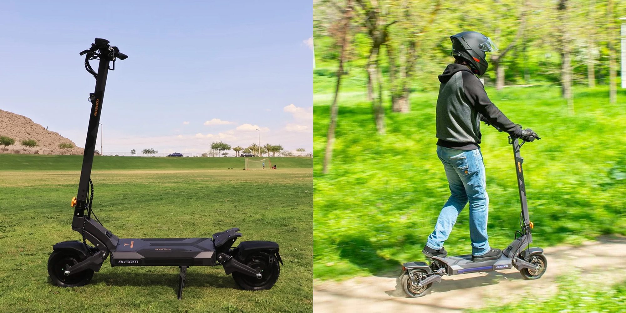 A man riding a scooter next to a man in a field