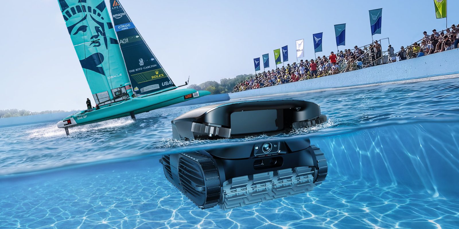 A robot floating in water with a sailboat in the background