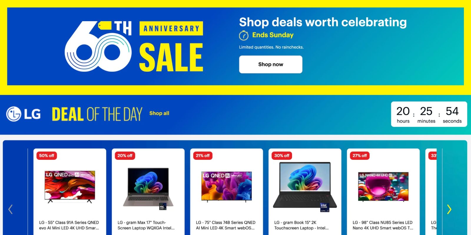 A blue and yellow advertisement with a laptop and a phone