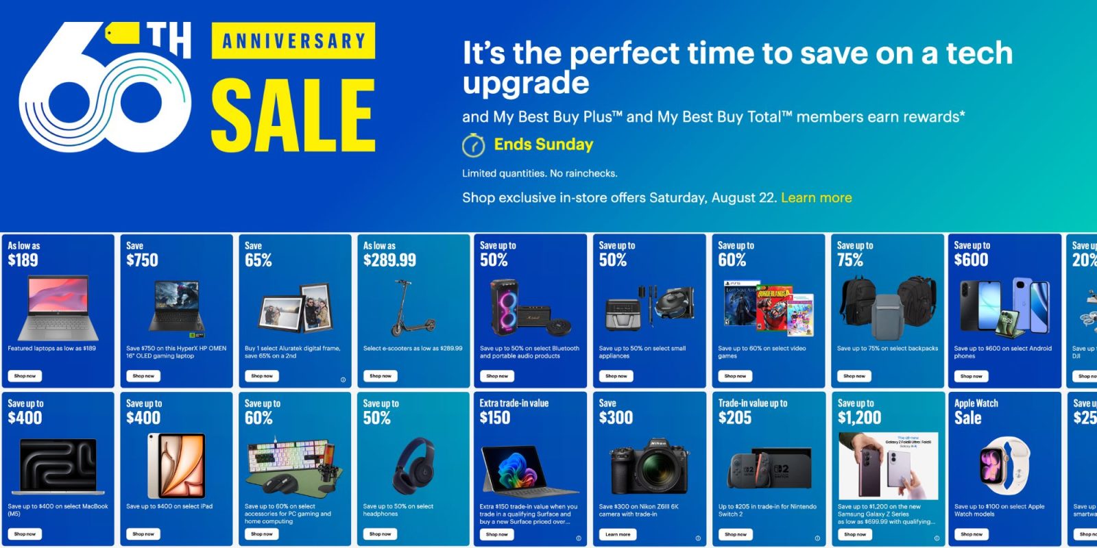 A blue and yellow advertisement with white text
