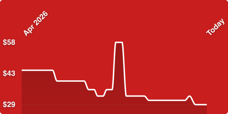 A red background with a tall tower
