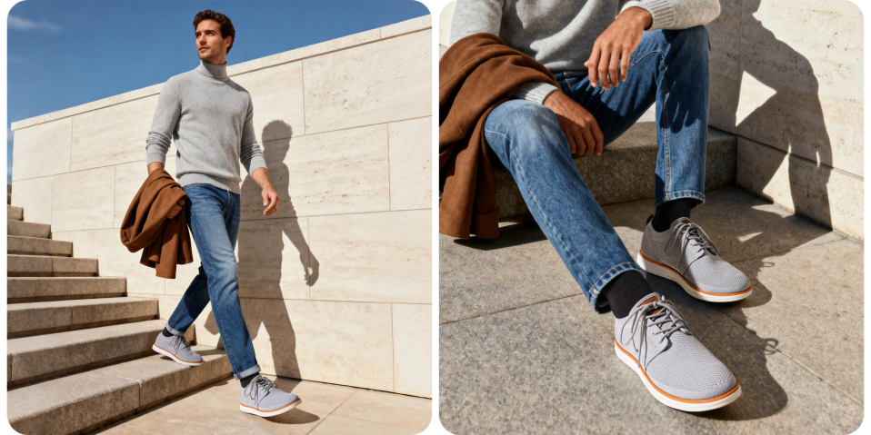 A collage of a man wearing a grey sweater and jeans