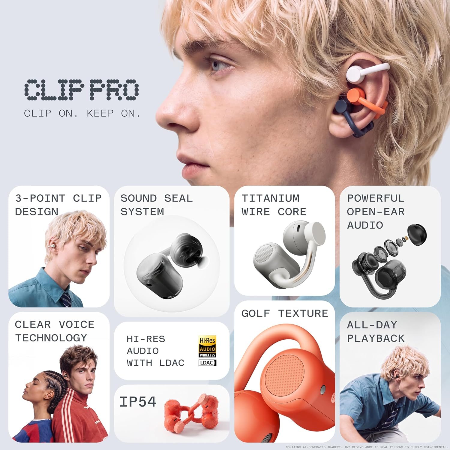 A man with blonde hair wearing earbuds