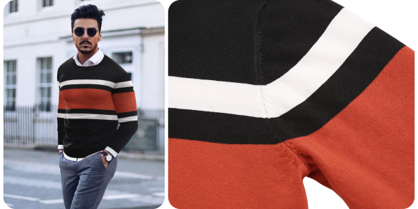 A collage of a man wearing a striped sweater
