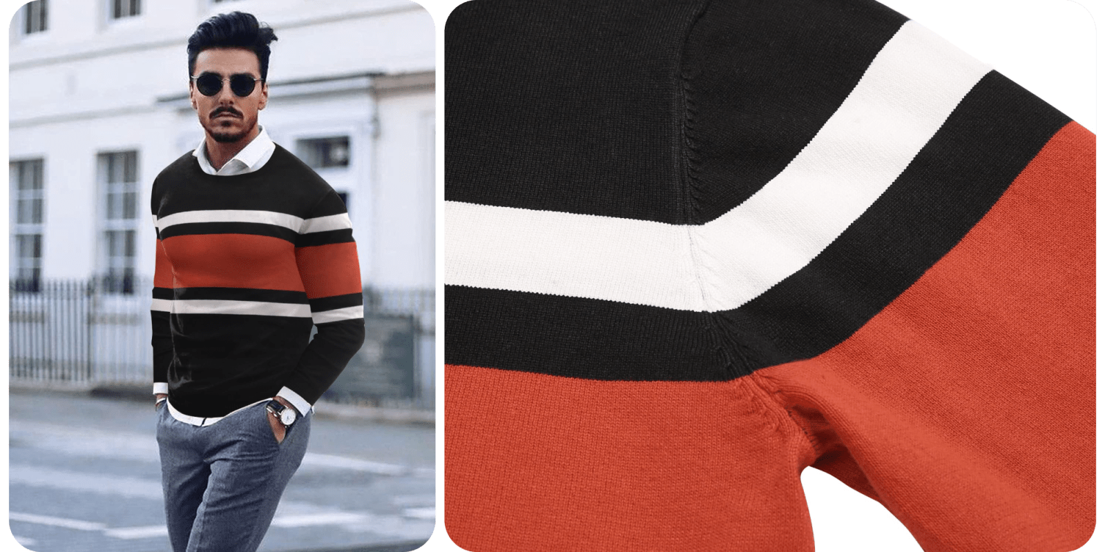 A collage of a man wearing a striped sweater