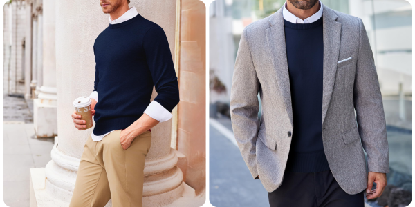 A collage of a man in a sweater and a jacket