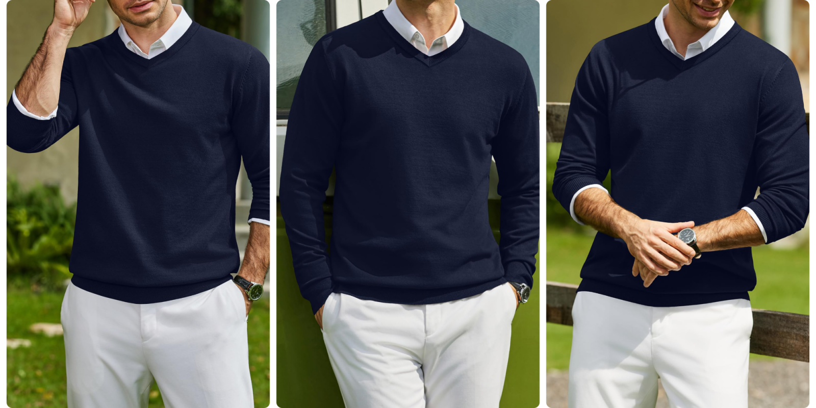 A collage of a man in a blue sweater