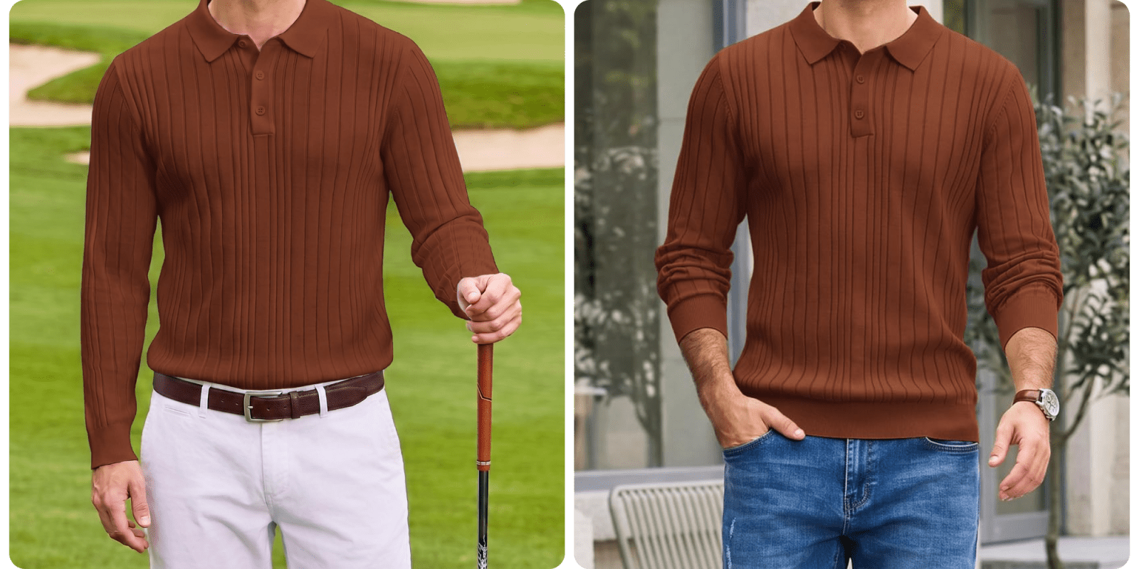 A collage of a man holding a golf club