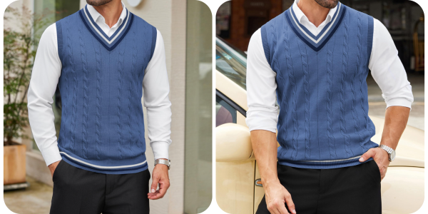 A collage of a man wearing a sweater vest