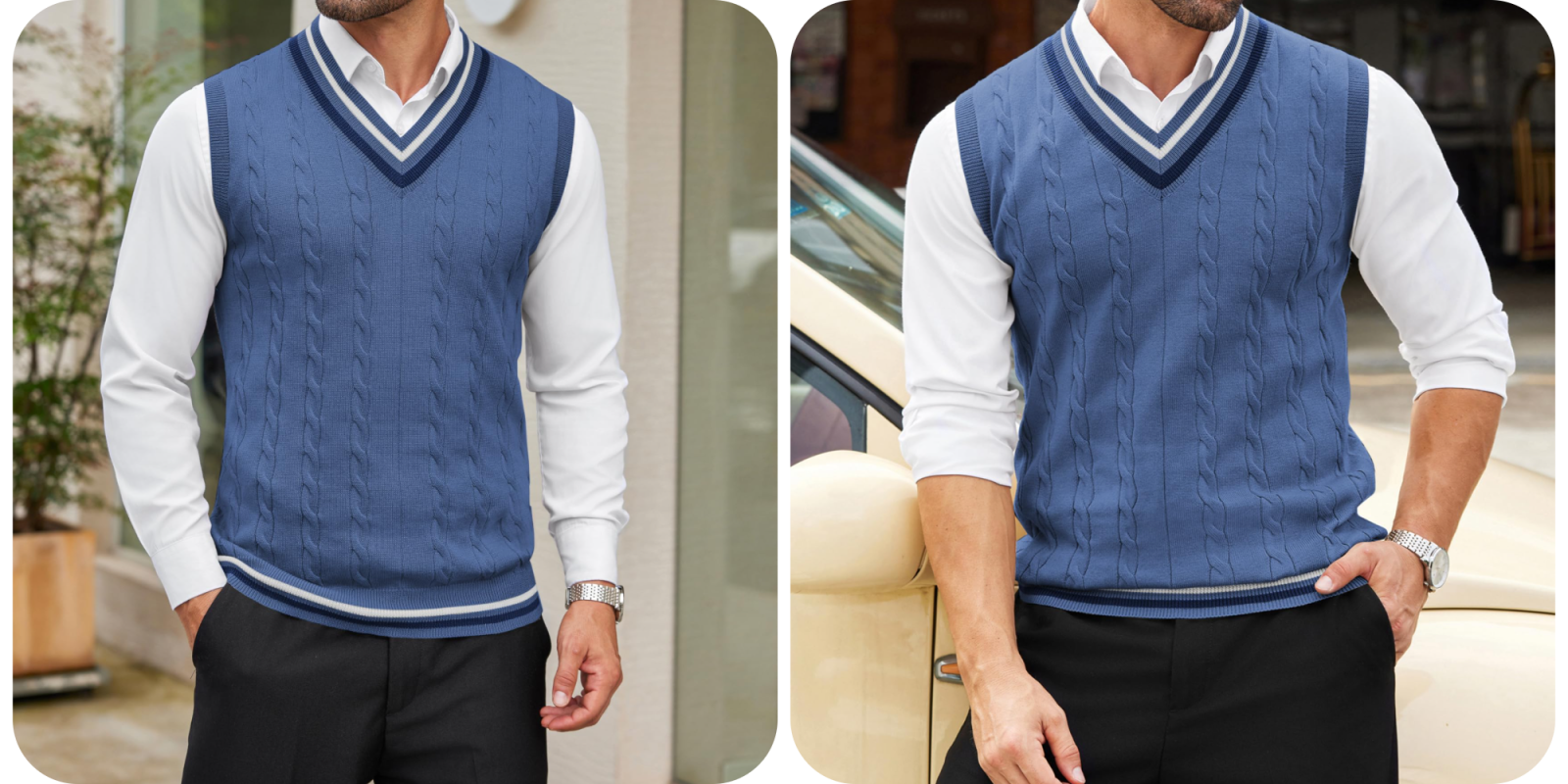 A collage of a man wearing a sweater vest