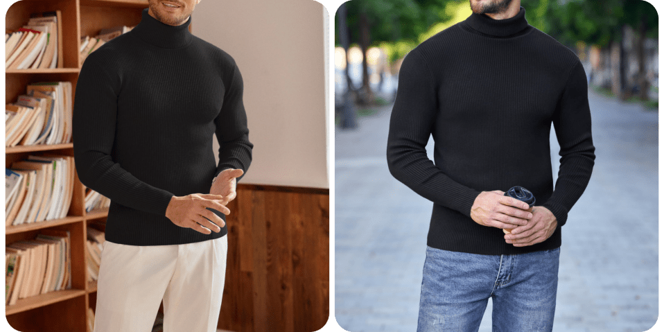A collage of a man wearing a turtleneck