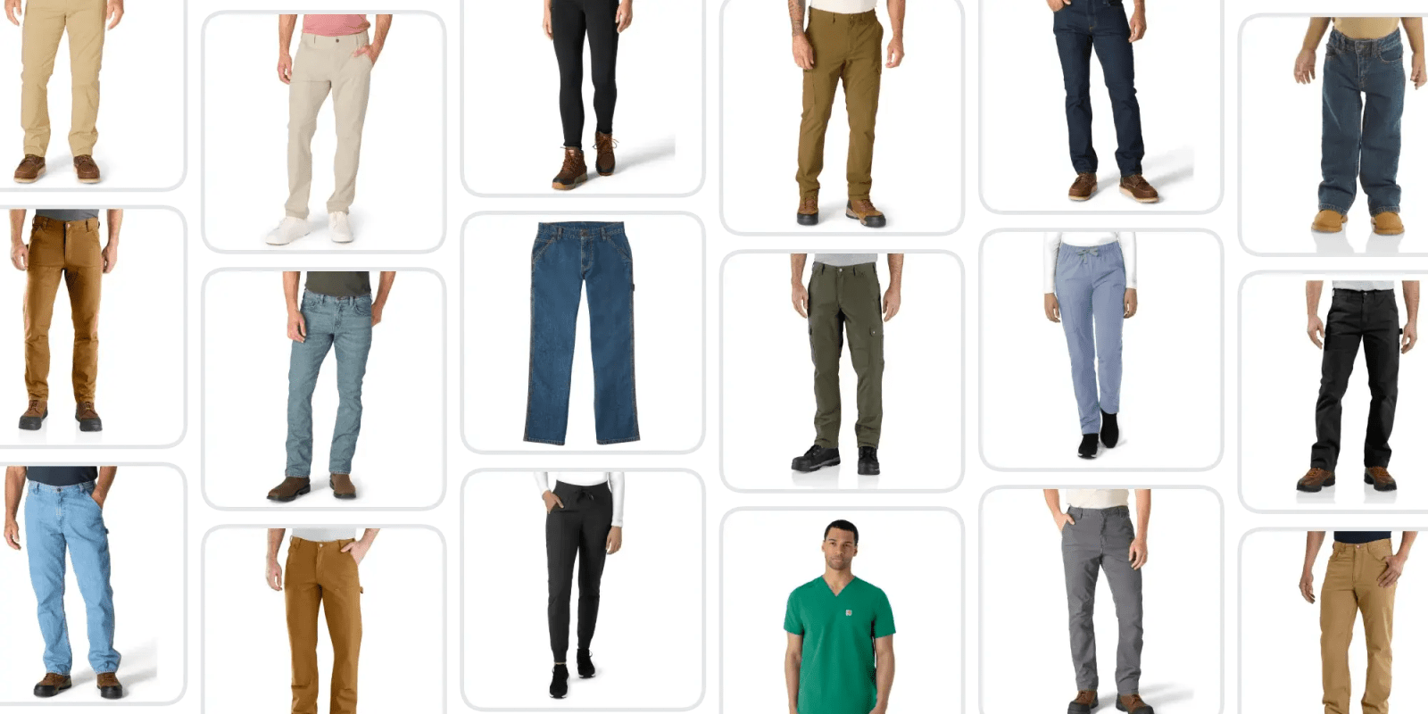 A collage of different types of pants