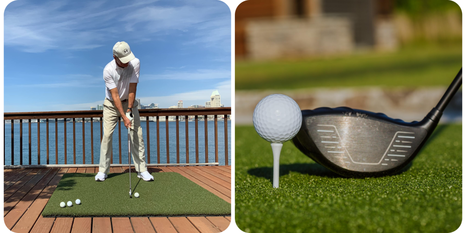 A man playing golf on a deck