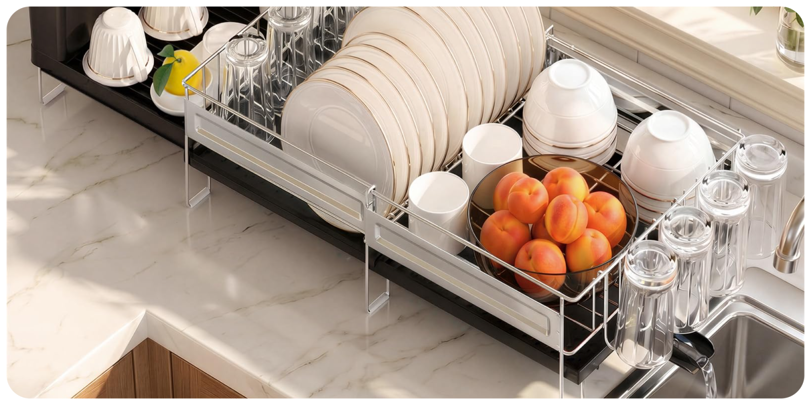 A dish drying rack with plates and bowls