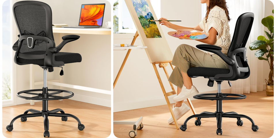 A woman sitting on a chair painting a picture