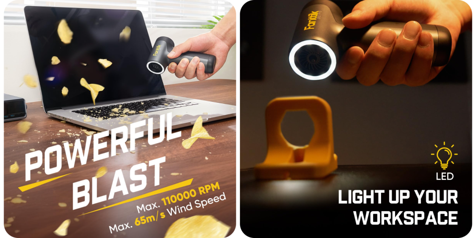 A collage of images of a laptop and a hand holding a flashlight