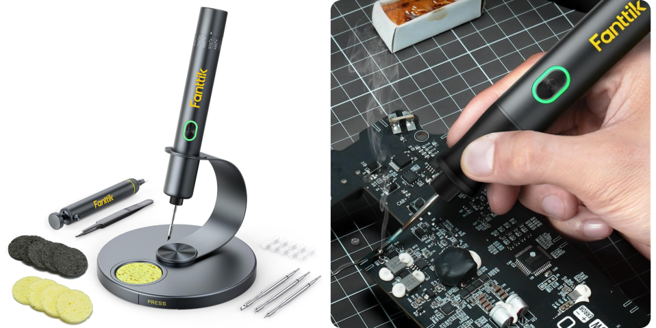A hand holding a soldering iron
