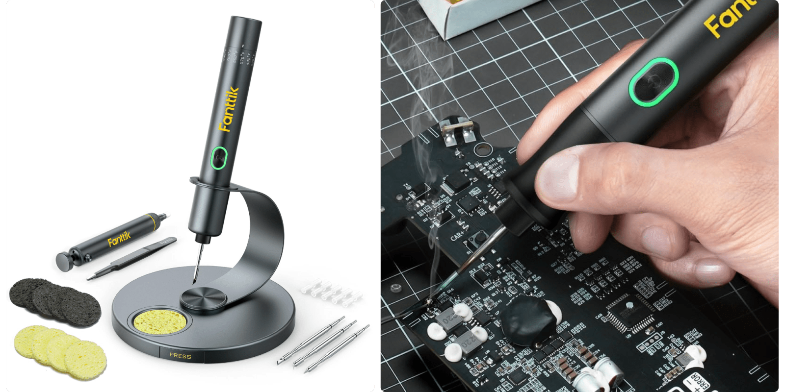 A hand holding a soldering iron