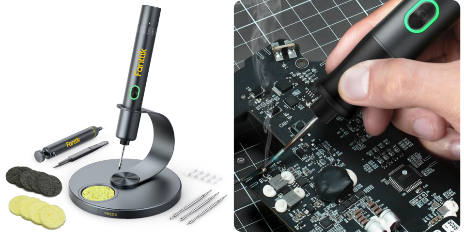A hand holding a soldering iron