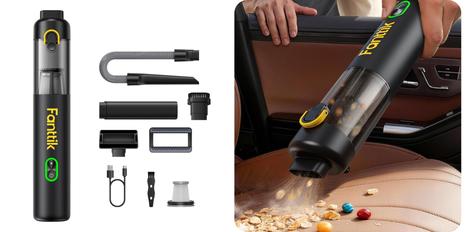 A vacuum cleaner and parts of a car