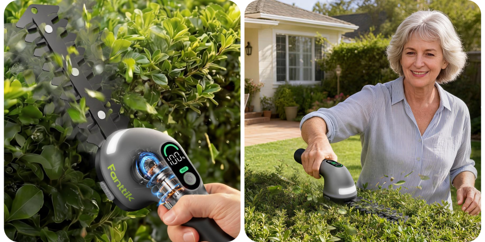 A man using a handheld device to trim the grass
