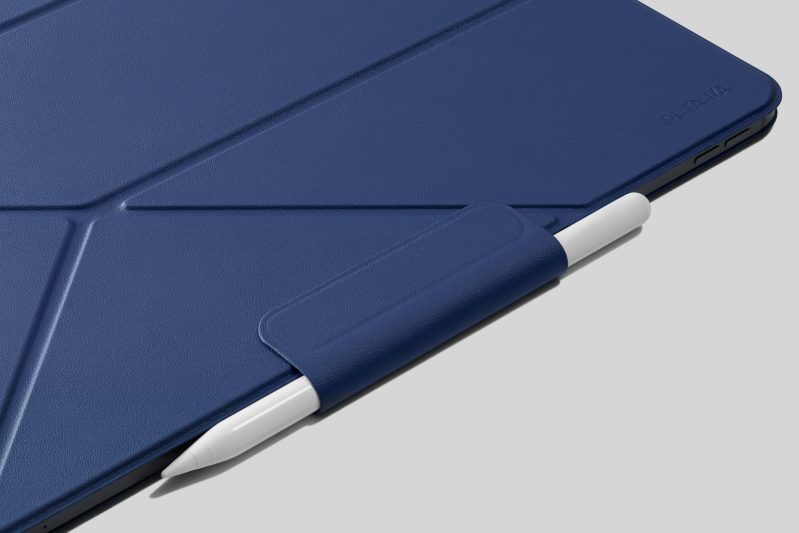 A blue tablet cover with a stylus