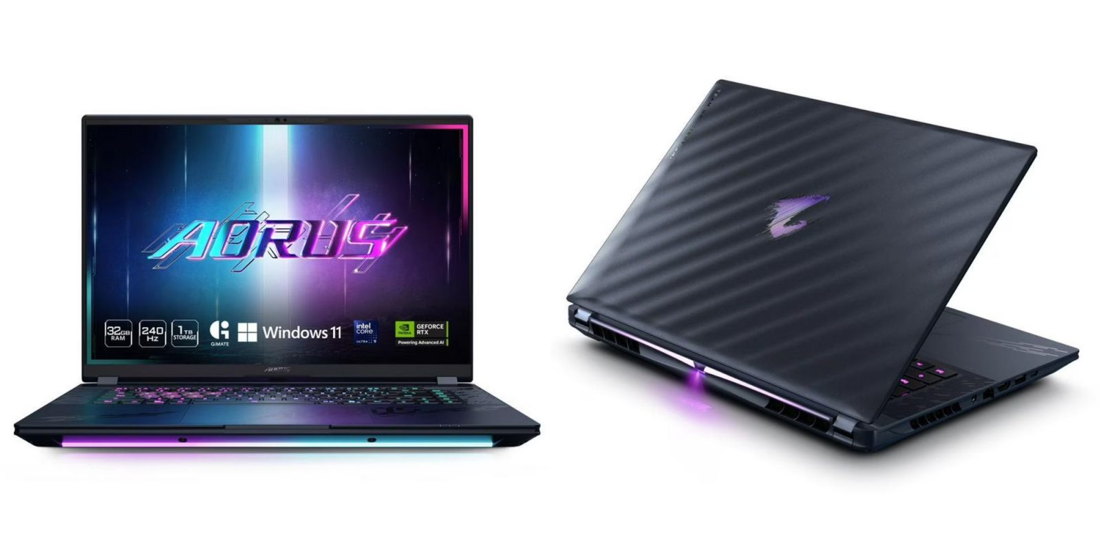 A laptop with a purple and blue light