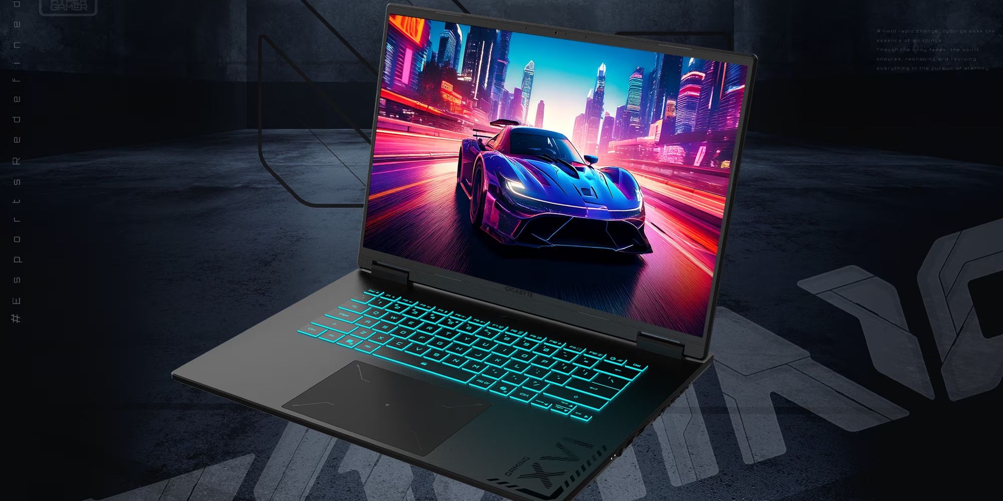A laptop with a colorful lit keyboard and a race car on the screen