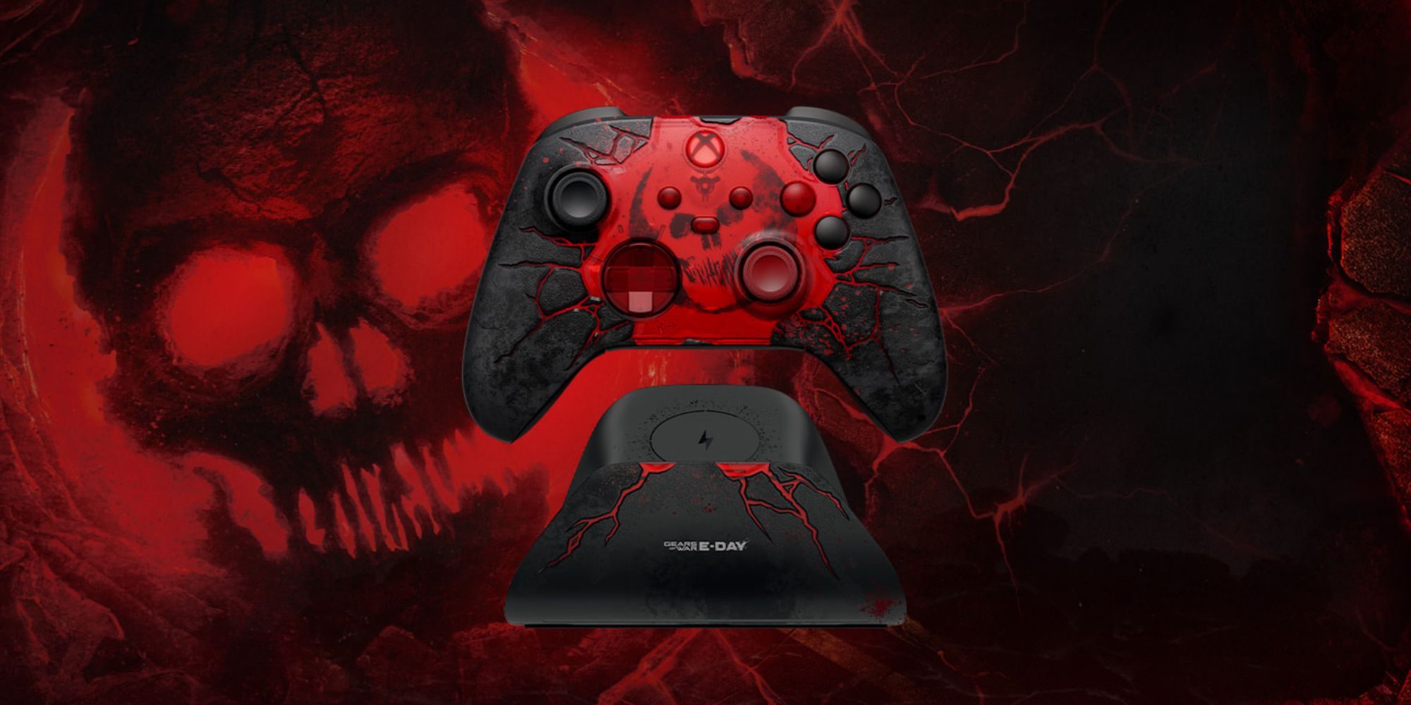 A video game controller with red and black design