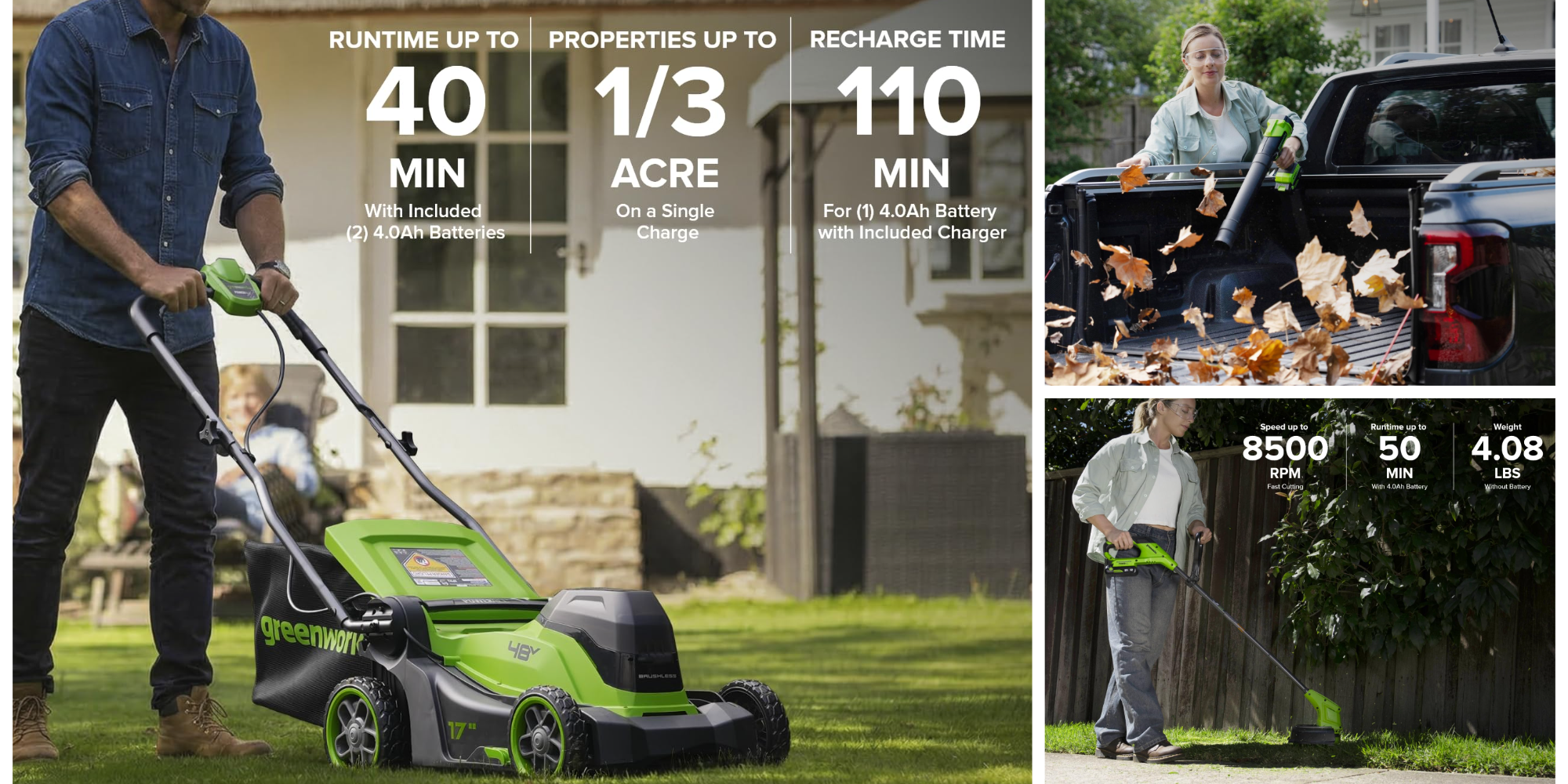 Get a 17-inch mower, 270 CFM blower, and 12-inch string trimmer + 2x batteries in this 48V (24V x 2) Greenworks kit at a $430 low