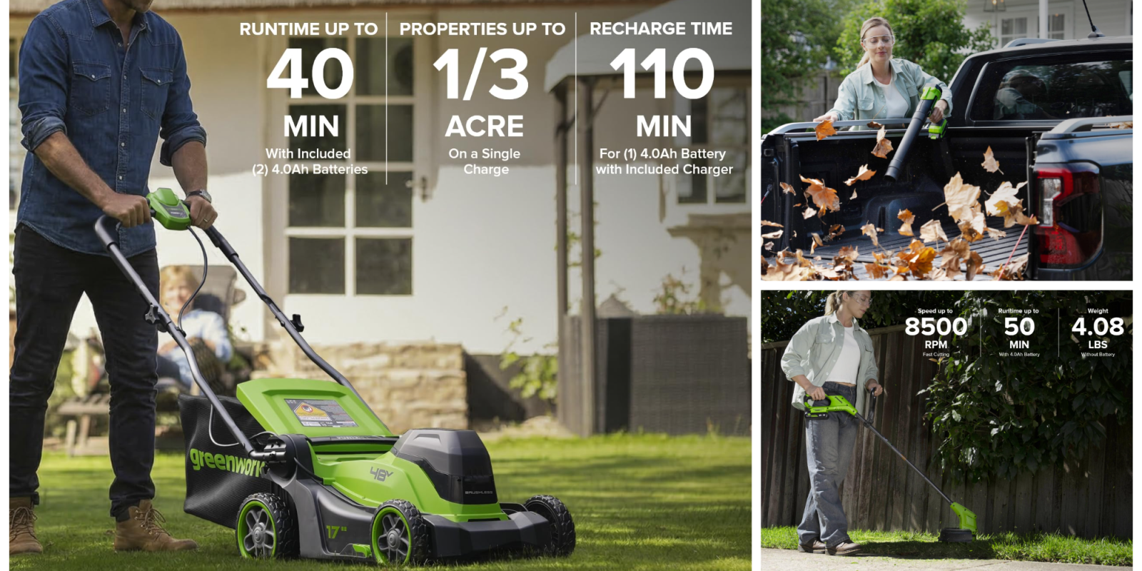 A collage of a lawnmower and a woman