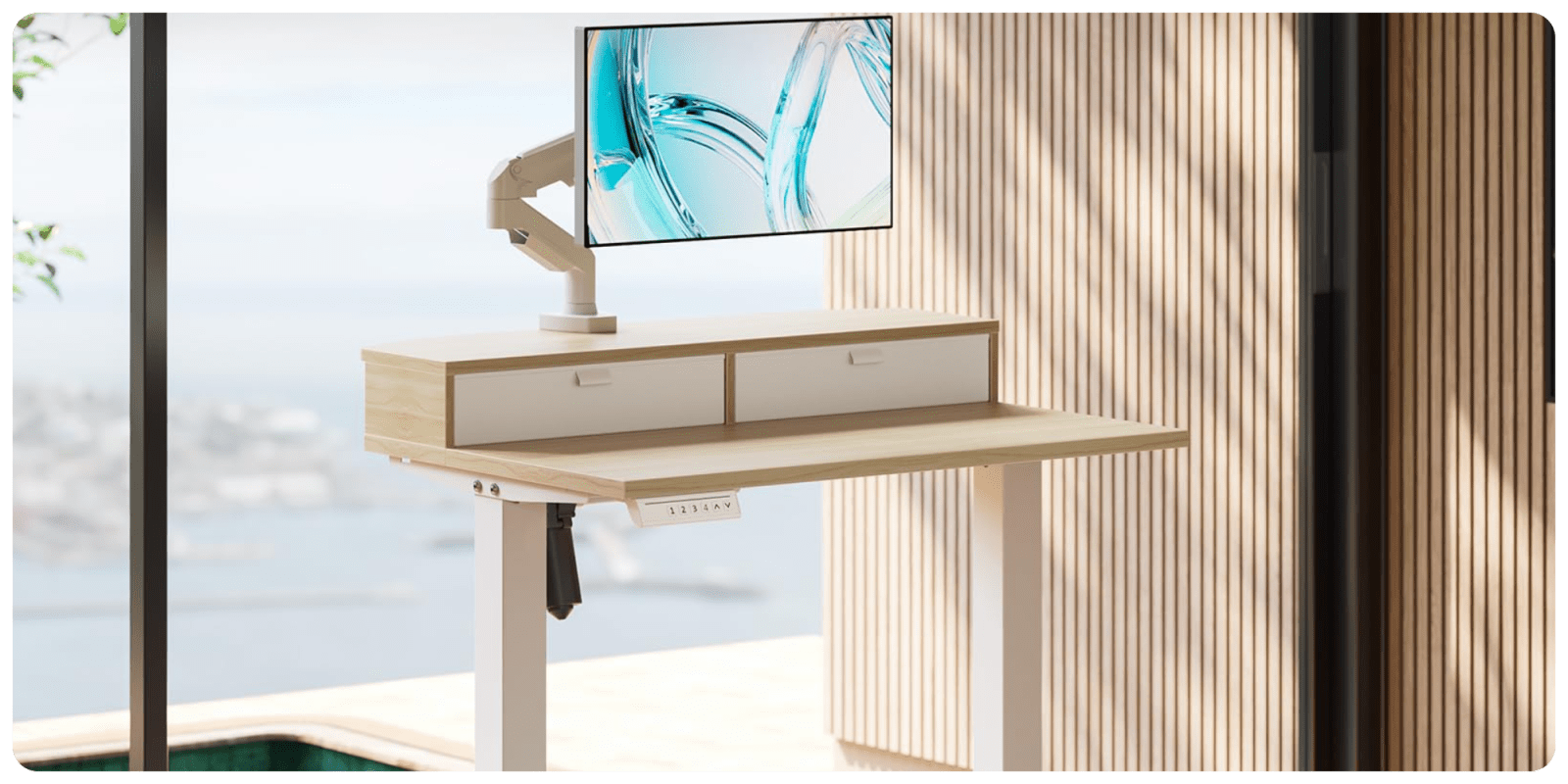 A desk with a monitor on it