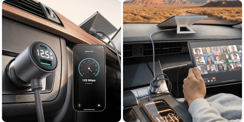 A phone on a charger in a car