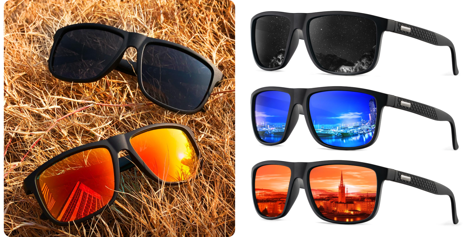 A collage of sunglasses with different colored lenses