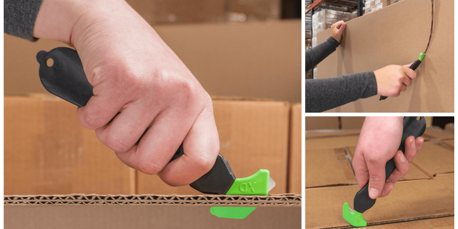 A person's hand holding a green and black knife