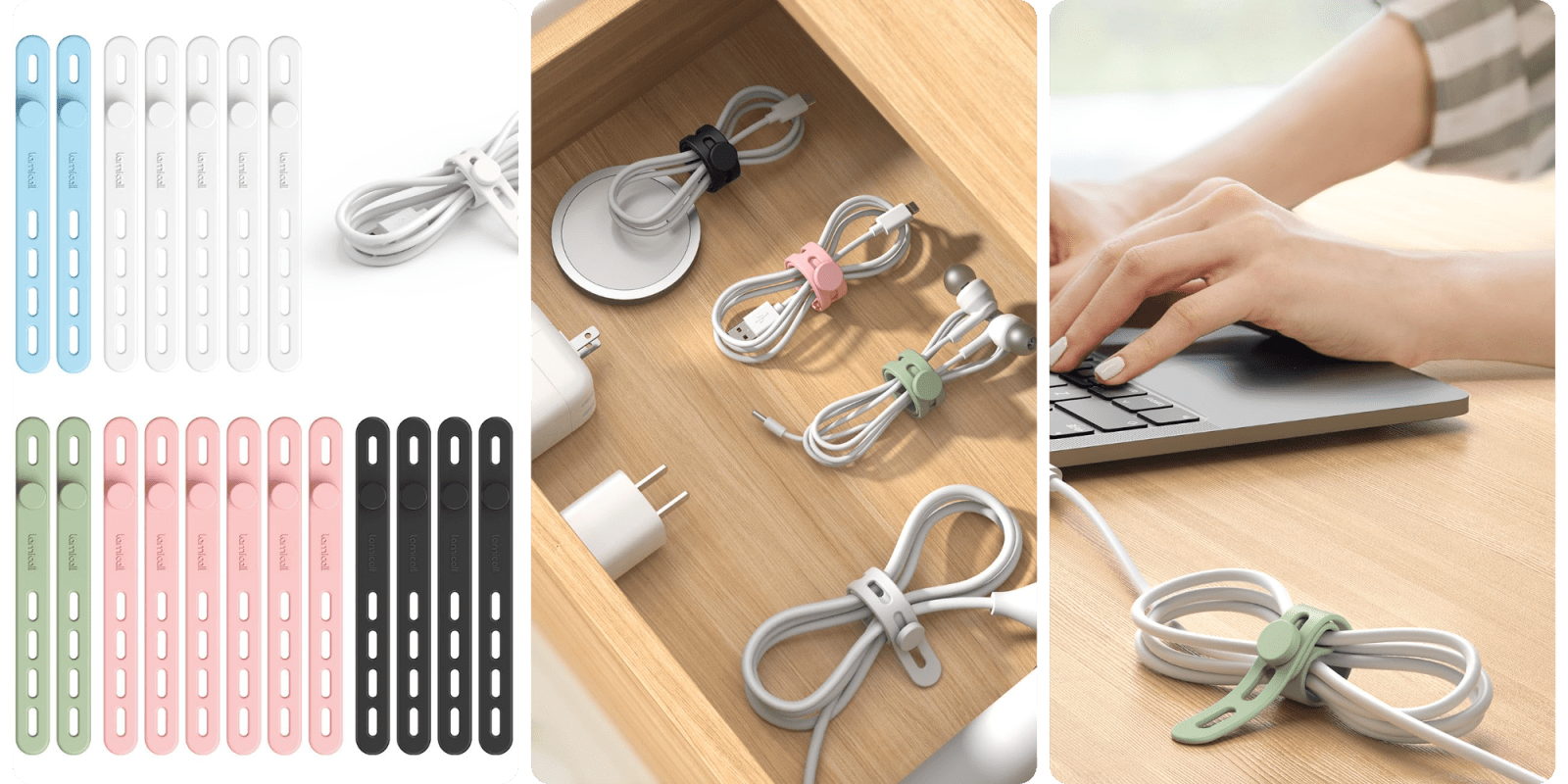 A close-up of a drawer with cords