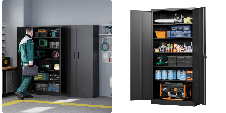 A black cabinet with shelves