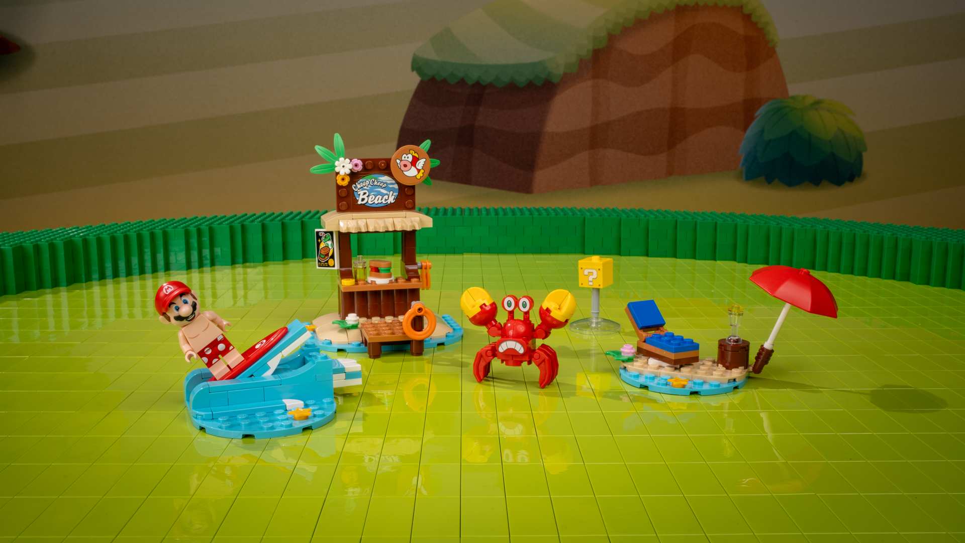 A group of toys on a green surface