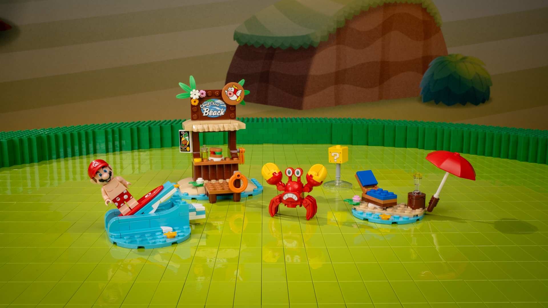 A group of toys on a green surface